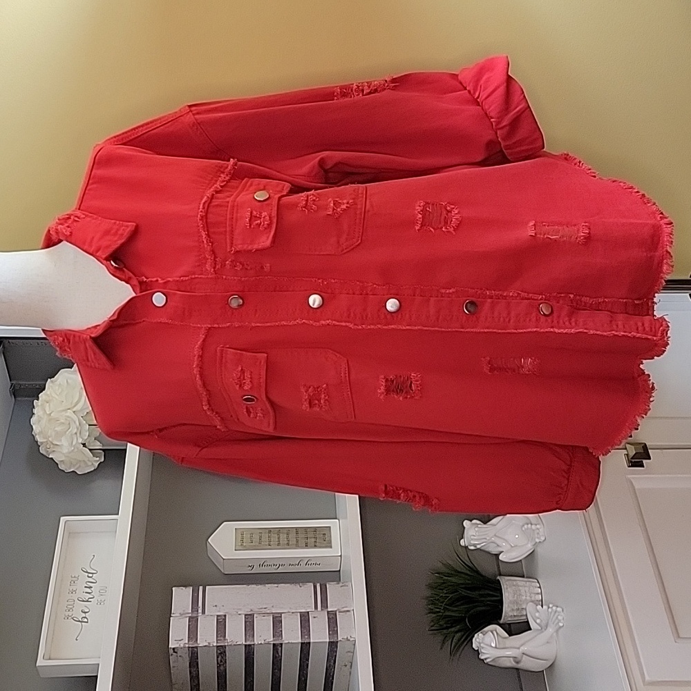Red Shacket Distressed Long Sleeve Layering Top